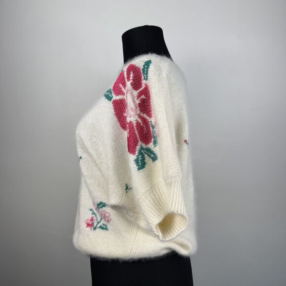 Vintage 80s 90s Angora Blend Floral Cardigan Short Sleeve, Made in Hong Kong - Picture 15 of 15